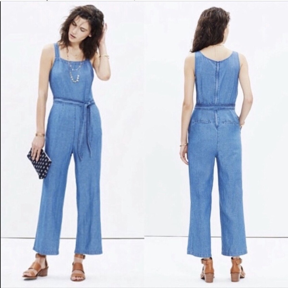 Madewell Chambray Muralist Jumpsuit Womens sz 00 Blue Denim Cotton Linen Cropped